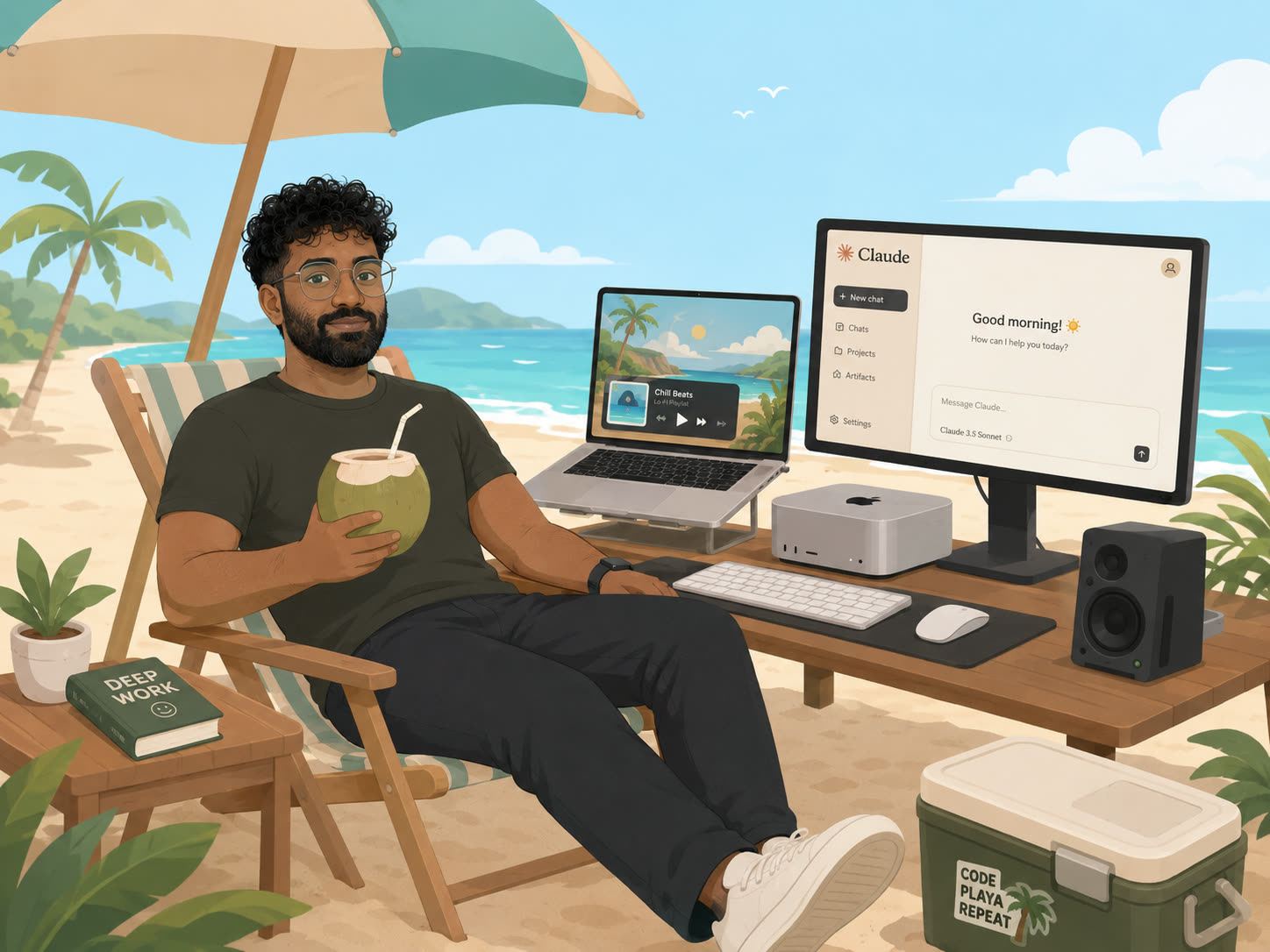 Rishabh sitting on a beach with a coconut, working from a laptop and a monitor running Claude