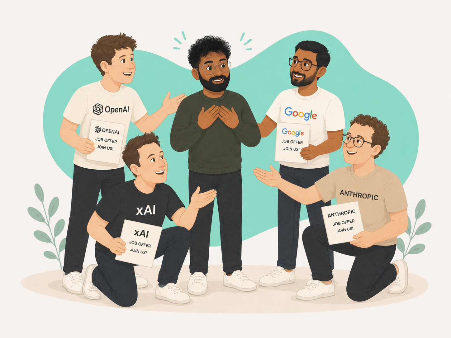 rishabh in the middle, being courted by representatives from OpenAI, xAI, Google and Anthropic, each holding a job offer