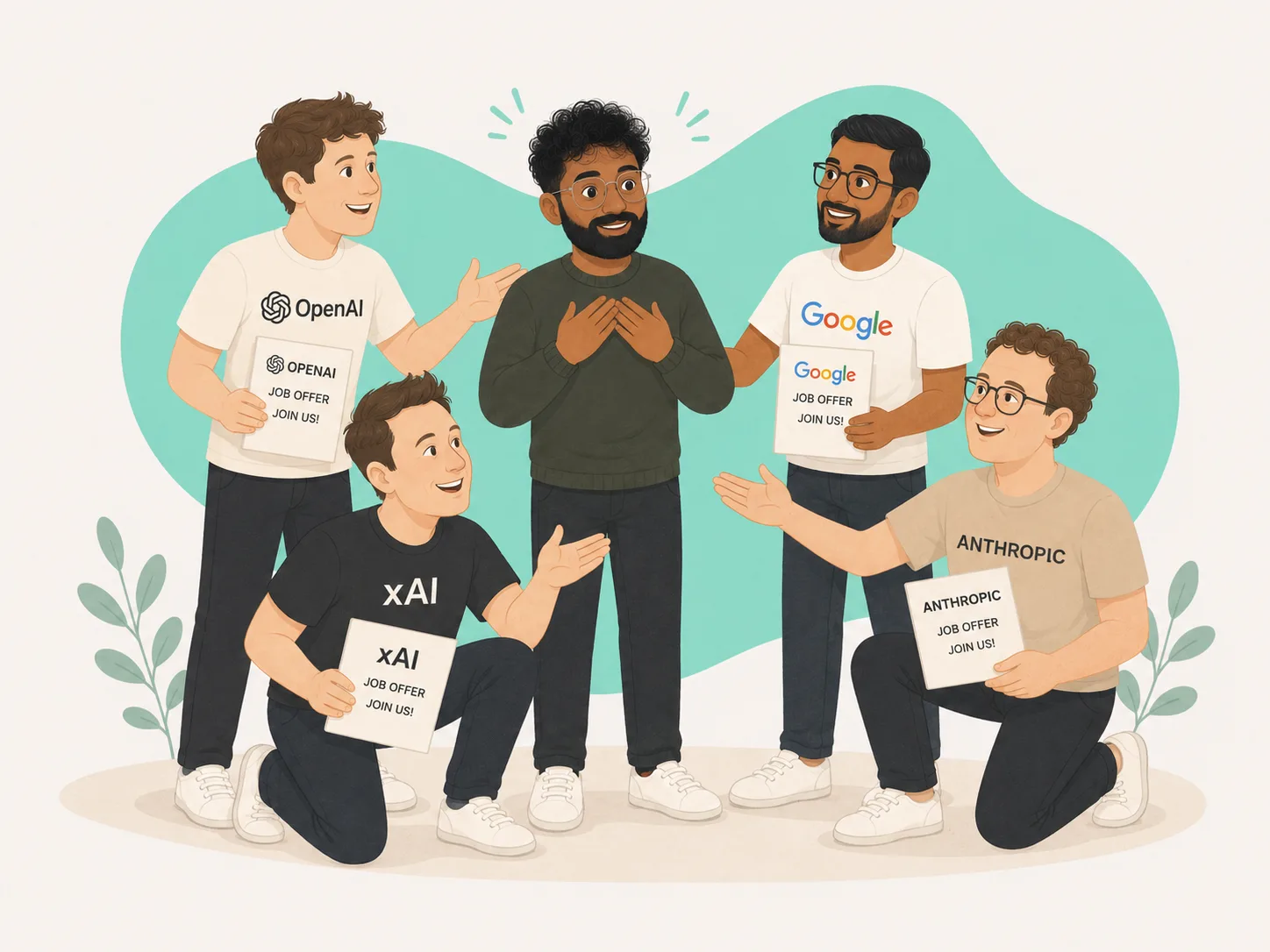 rishabh in the middle, being courted by representatives from OpenAI, xAI, Google and Anthropic, each holding a job offer