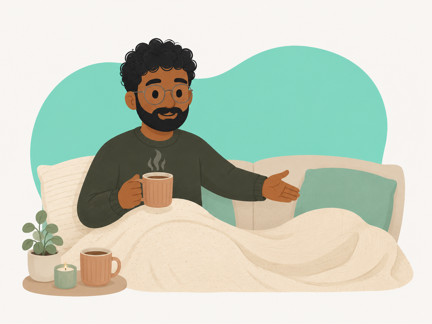 rishabh, wrapped in a white blanket, holding a steaming chai, one arm open toward an empty cushion beside him
