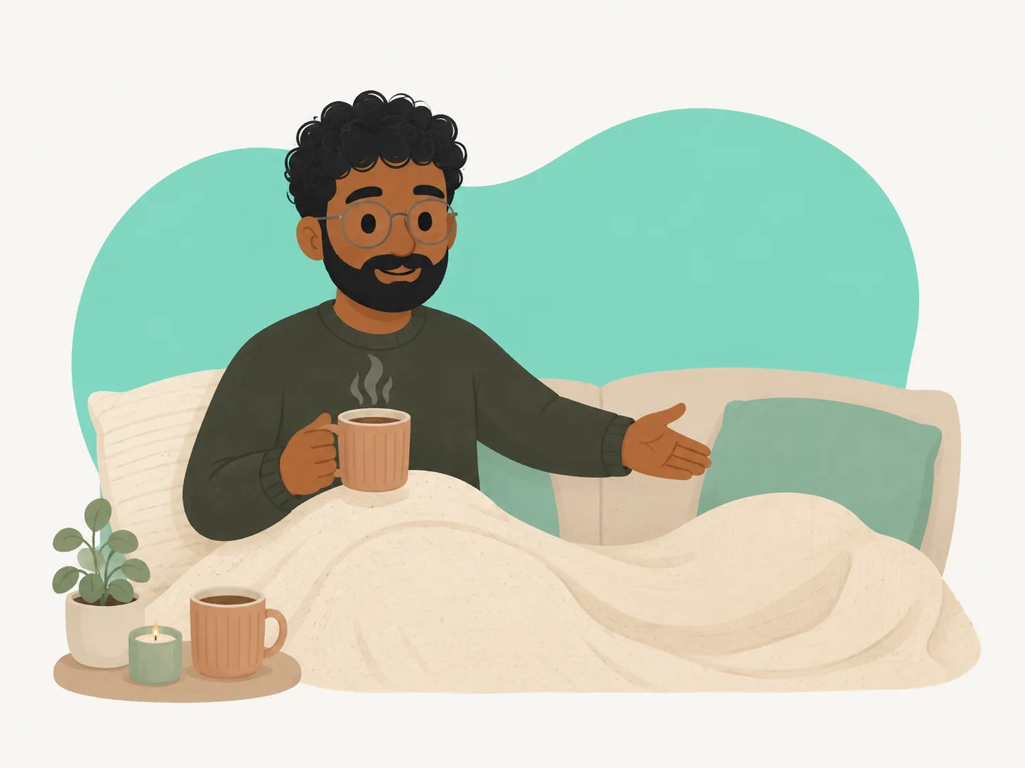 rishabh, wrapped in a white blanket, holding a steaming chai, one arm open toward an empty cushion beside him