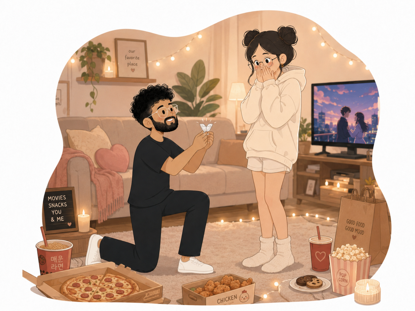 Rishabh on one knee in a cosy fairy-lit living room, holding up a folded paper ring. She stands in a hoodie and fluffy socks with her hands over her mouth. Pizza, popcorn chicken, ramen and popcorn on the floor. TV plays a K-drama. A 'MOVIES SNACKS YOU & ME' letterboard. An 'our favorite place' frame on the shelf. A pink heart pillow on the couch.